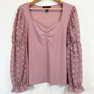 a love story Mauve Lavender Boho Swiss Polka Dot Sheer Puff Sleeve Blouse Top XL